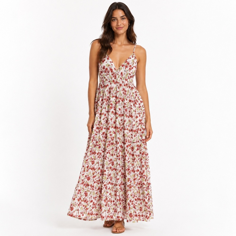 Ro's Garden Floral Bird Print Maxi Dress Women Small Cotton Tassel Boho Romantic